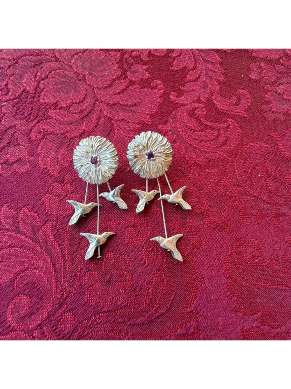 Carolyn Pollack 925 Sterling Silver Hummingbird Amethyst Flower Dangle Earrings
